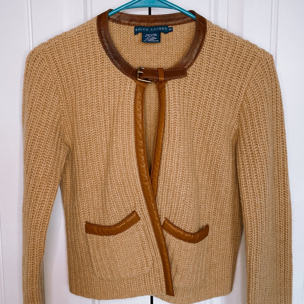 Ralph Lauren Equestrian Wool/Cashmere Cardigan with Leather Collar Trim & Buckle